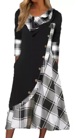 Vestido Suelto De Manga Larga Para Mujer Con Botones A Cuadr