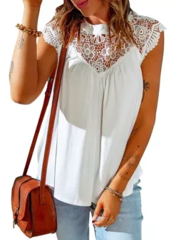 Blusa Ligera Elegante Blanca Con Ganchillo En Cuello Lb077