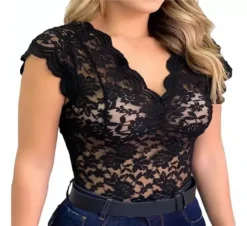 Blusa Moderna De Encaje Transparente Y Sexy Con Cuello En V