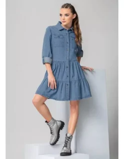 Vestido Corto Andrea Manga Larga De Botones Para Mujer Azul